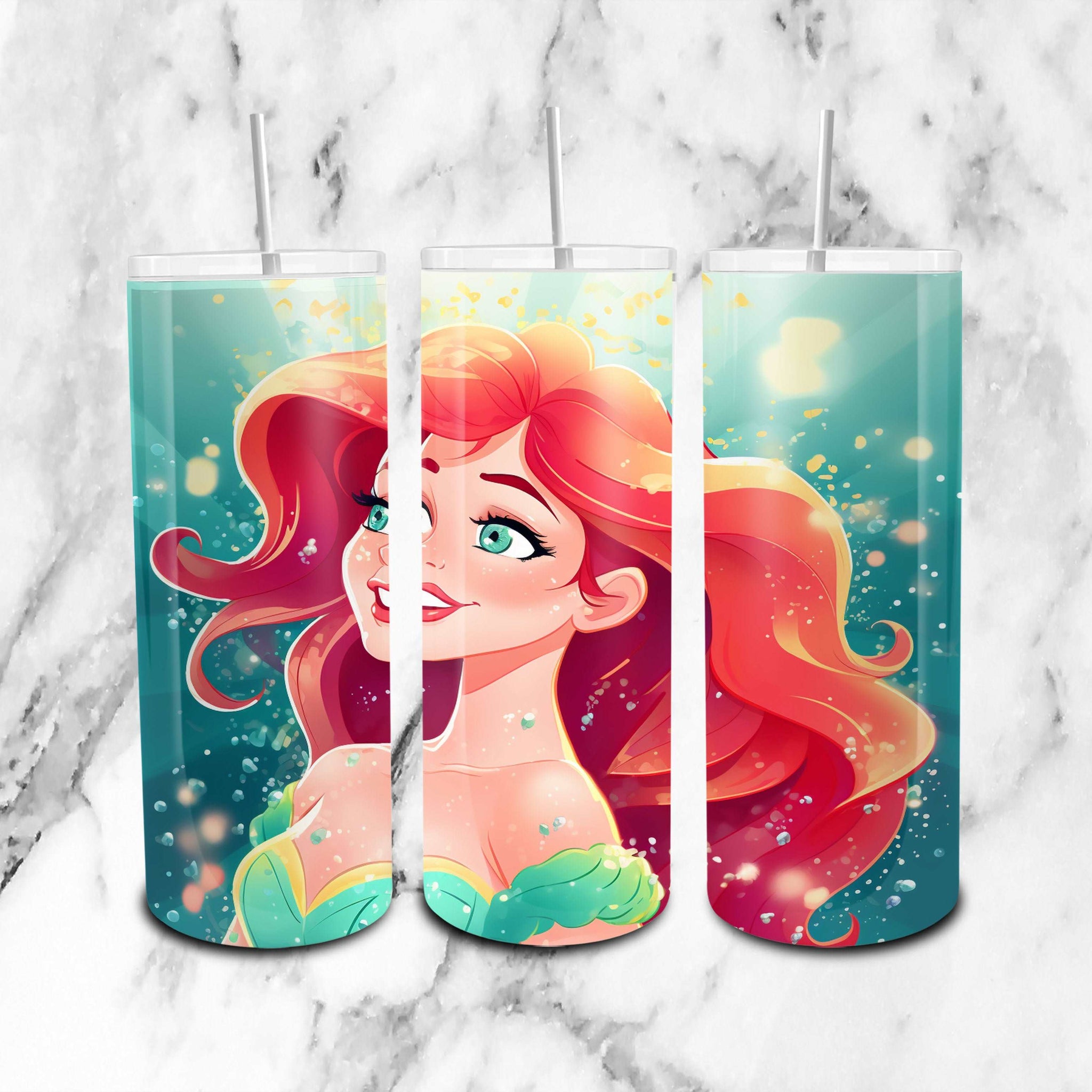 Ariel Disney Glitter - Cartoon - 20oz Skinny Tumbler Wrap PNG - Sublimation - Instant Download