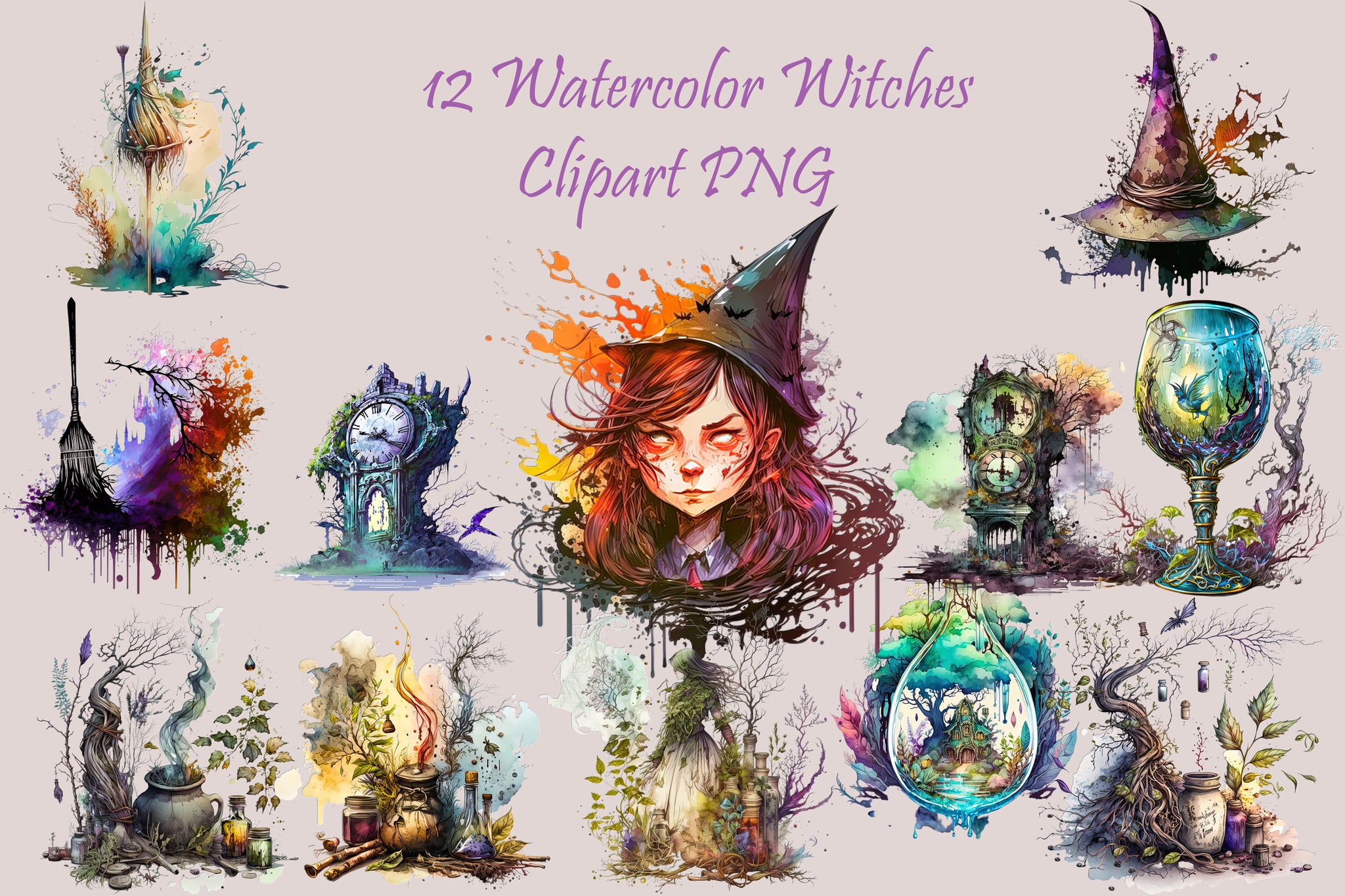 Bundle Watercolour Witches Clipart PNG, Mystical Clipart, Goblet, Witch Hat, Cauldron, Book of Shadows, Candles, Clock of the Doom PNG