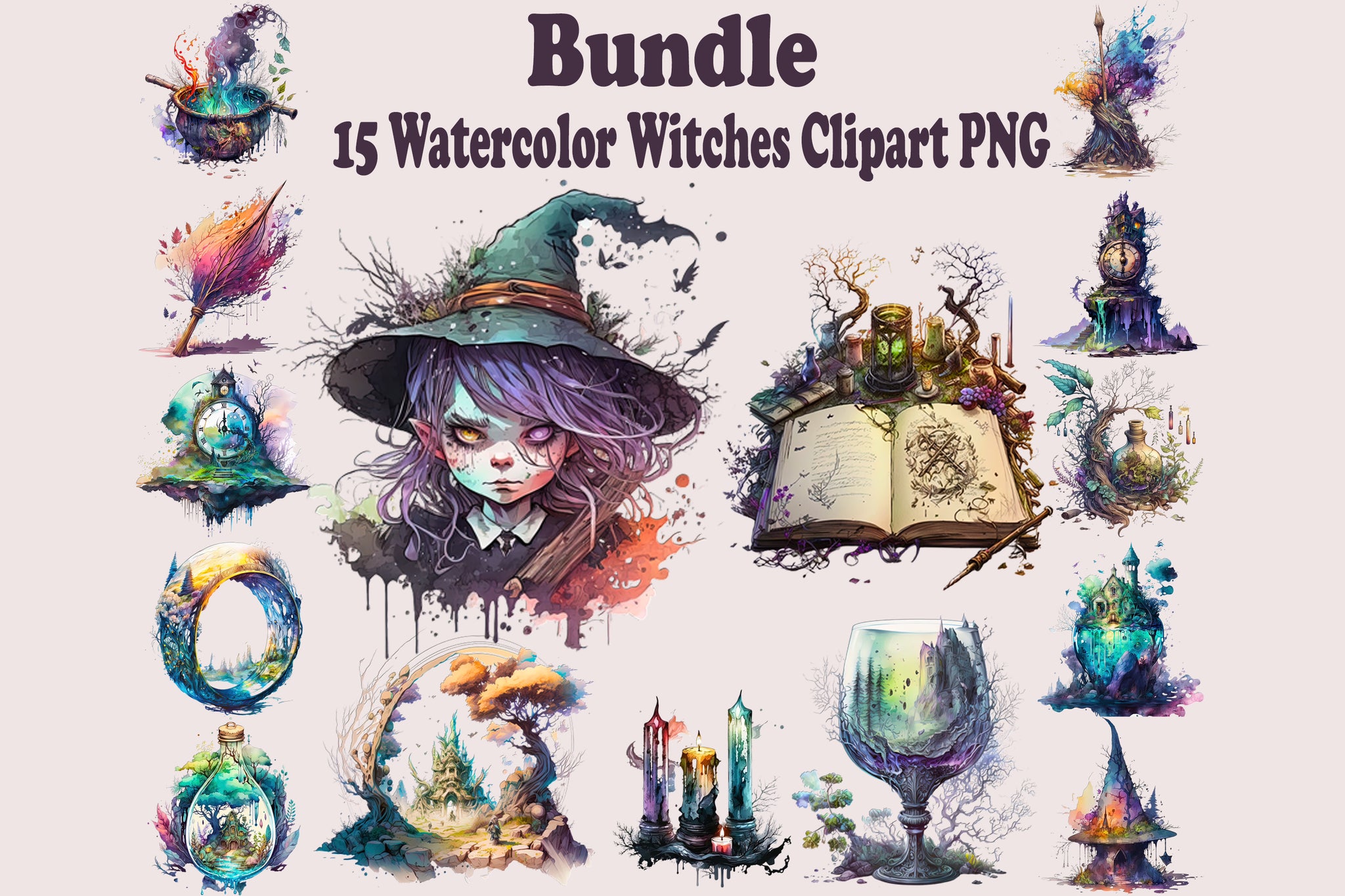 Bundle Watercolour Witches Clipart PNG, Mystical Clipart, Goblet, Witch Hat, Cauldron, Book of Shadows, Candles, Clock of the Doom PNG