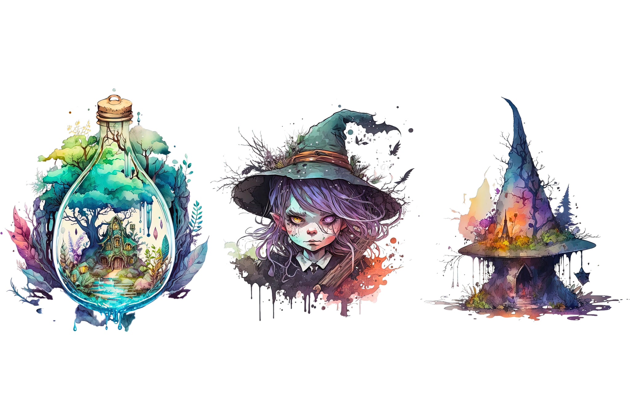 Bundle Watercolour Witches Clipart PNG, Mystical Clipart, Goblet, Witch Hat, Cauldron, Book of Shadows, Candles, Clock of the Doom PNG