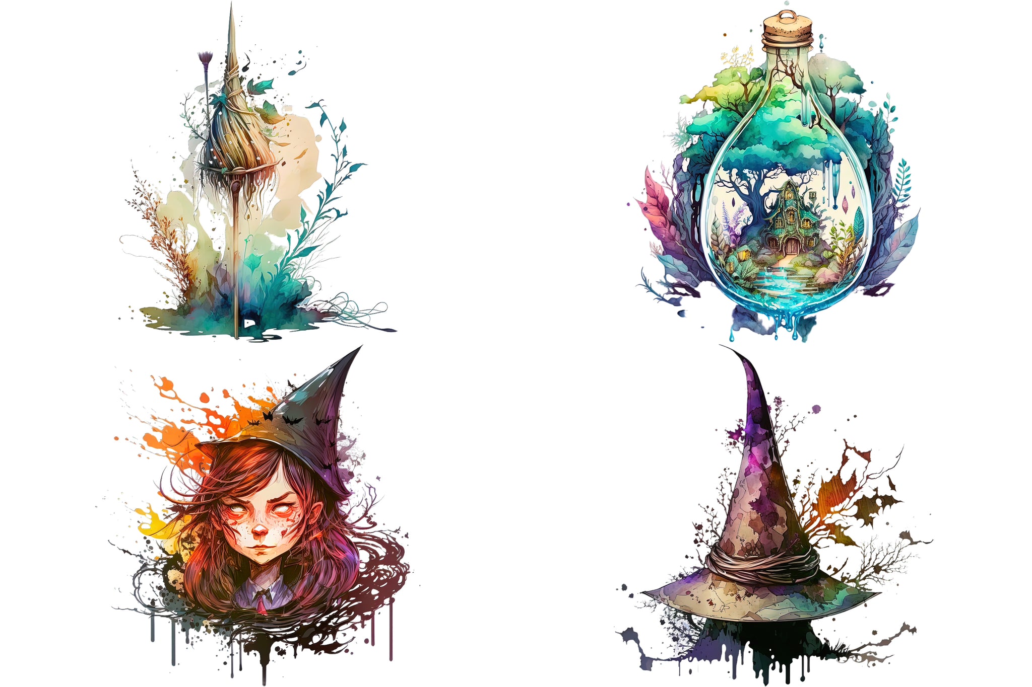 Bundle Watercolour Witches Clipart PNG, Mystical Clipart, Goblet, Witch Hat, Cauldron, Book of Shadows, Candles, Clock of the Doom PNG