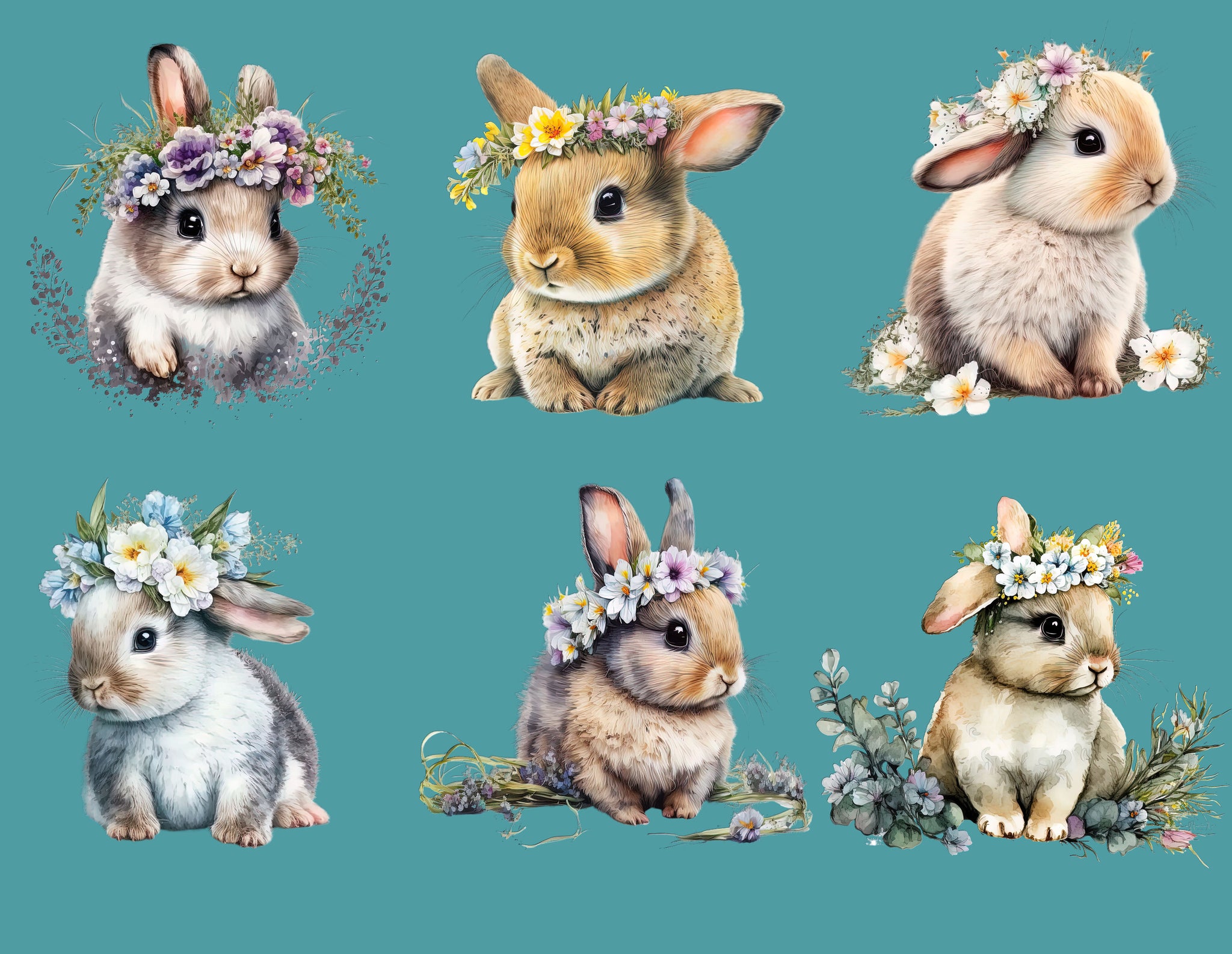 Bundle Watercolour Easter Baby Bunny Clipart PNG, Cute, Wreath, Spring