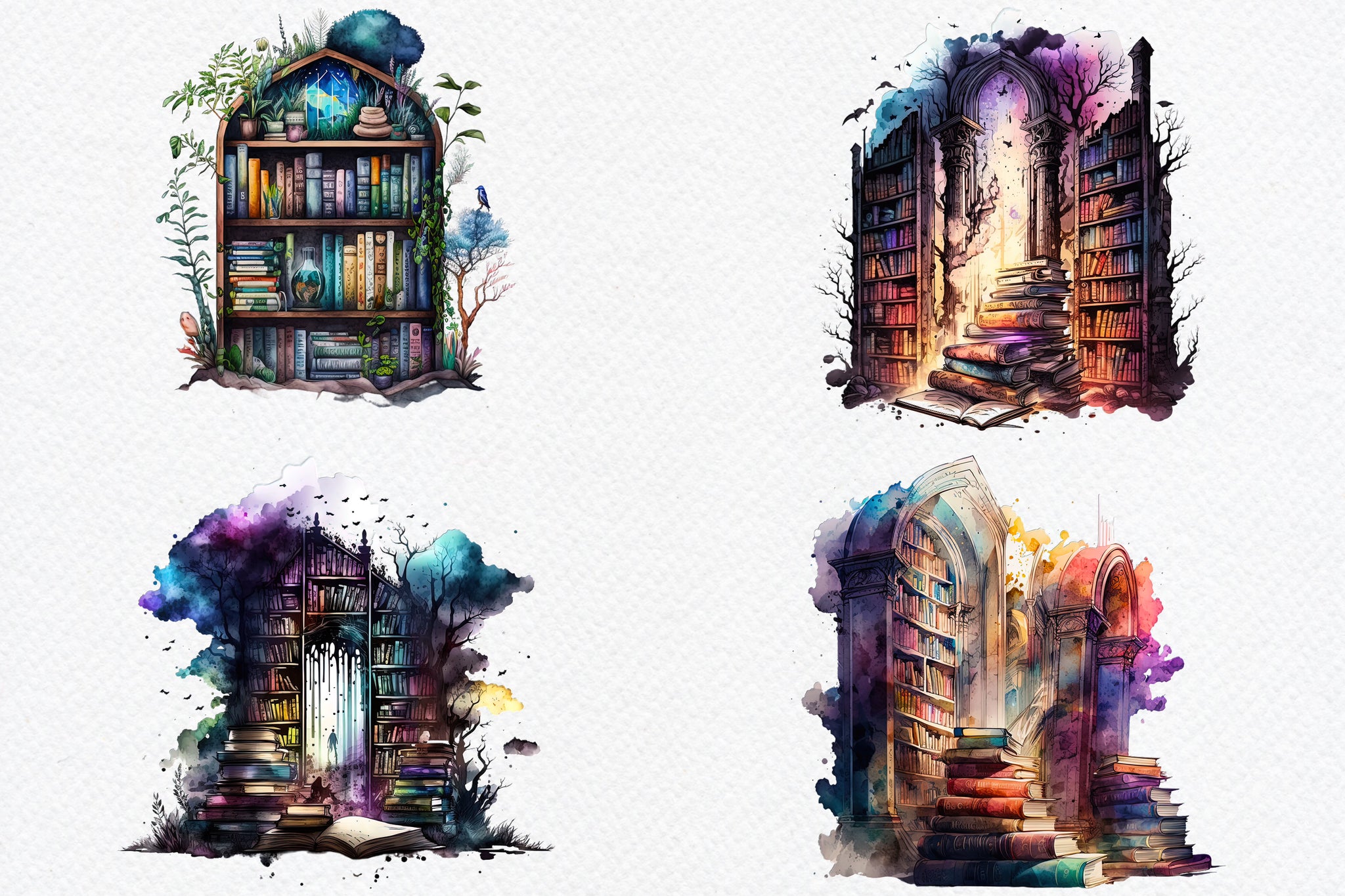 Watercolor Mystical Library Bundle Clipart PNG, Magic Books, Bookshelf, Bookcase, Reading Clipart, Commercial Use - Digital Download