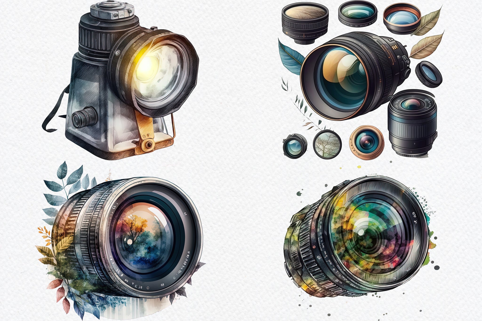 Watercolor Camera Clipart Bundle 21 PNG, Photography Clipart PNG