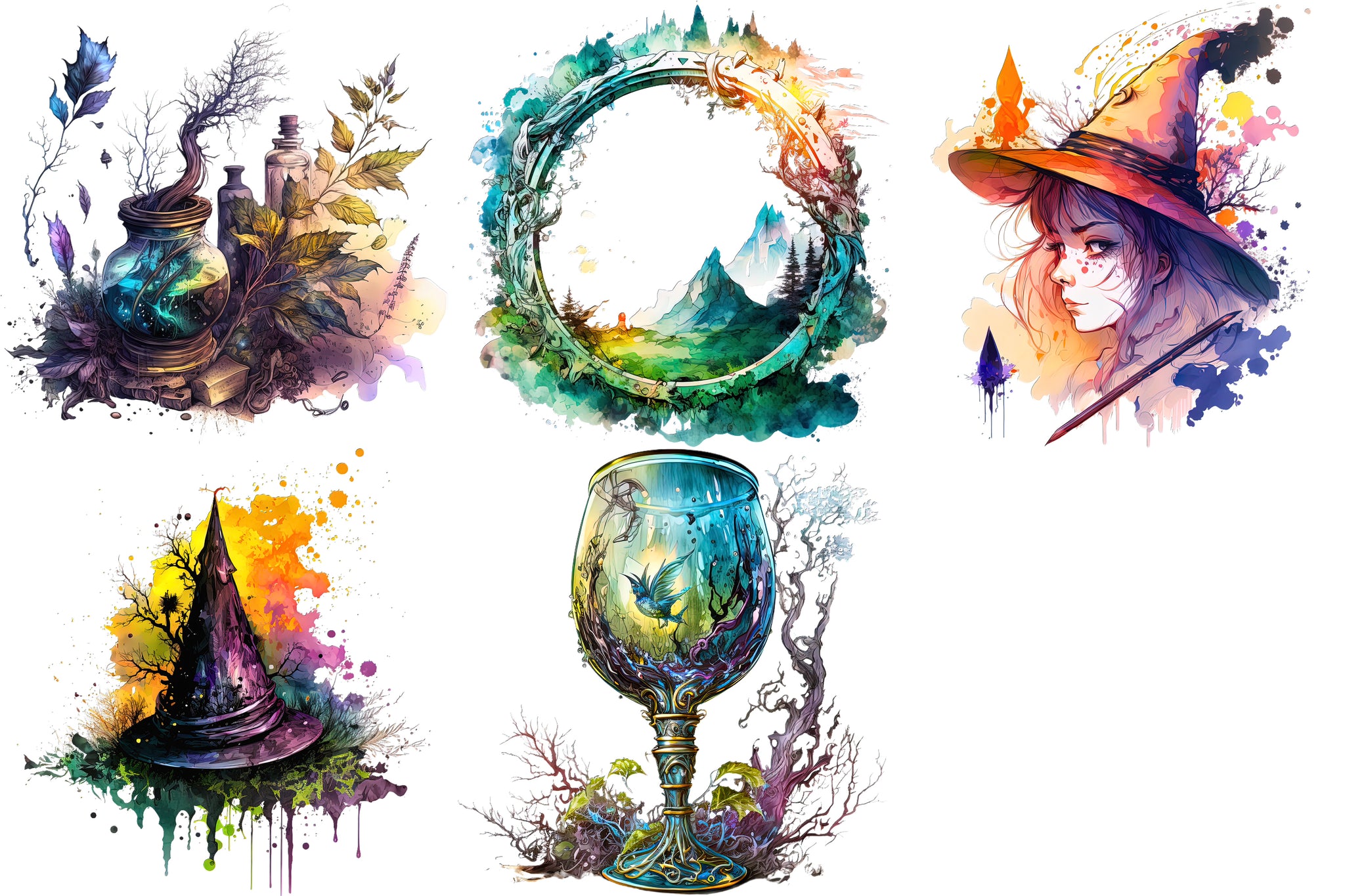 Bundle Watercolour Witches Clipart PNG, Mystical Clipart, Goblet, Witch Hat, Cauldron, Book of Shadows, Candles, Clock of the Doom PNG