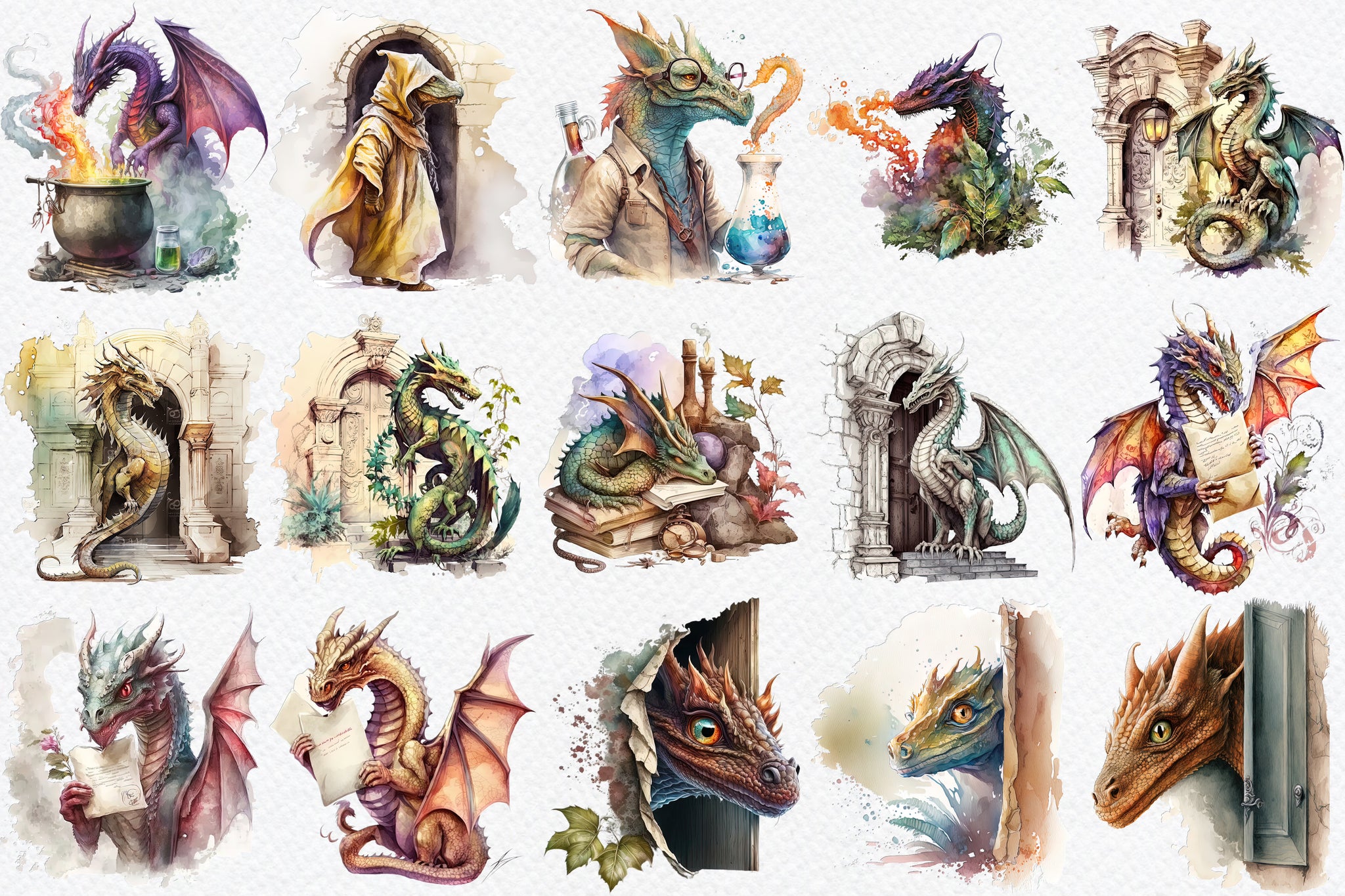 Watercolor Dragon in magic school clipart bundle 30 png