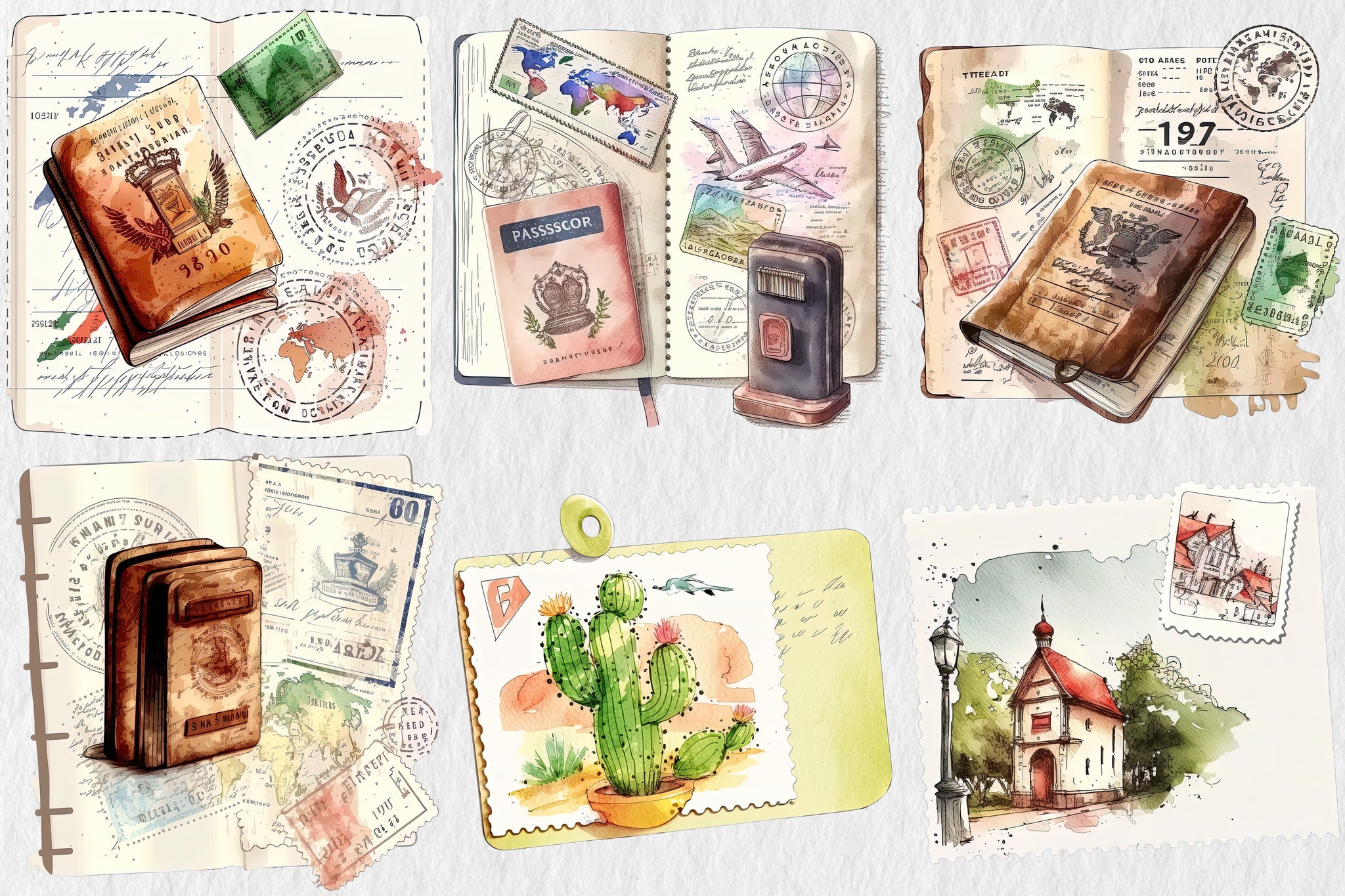 Watercolor Travel Clipart, Passport, Suitcase, World map, Beach, Camera, Car, Postcard PNG