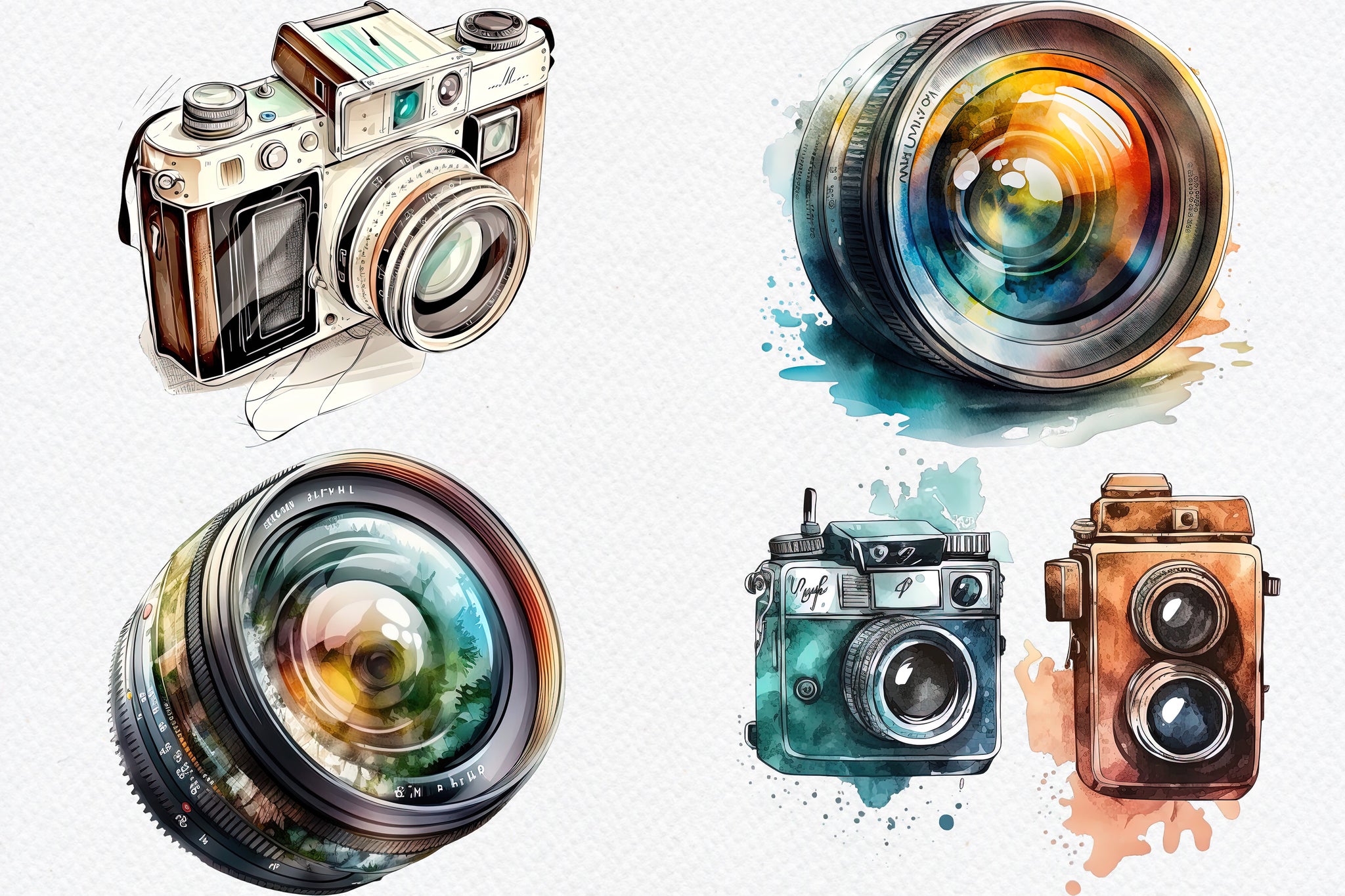 Watercolor Camera Clipart Bundle 21 PNG, Photography Clipart PNG