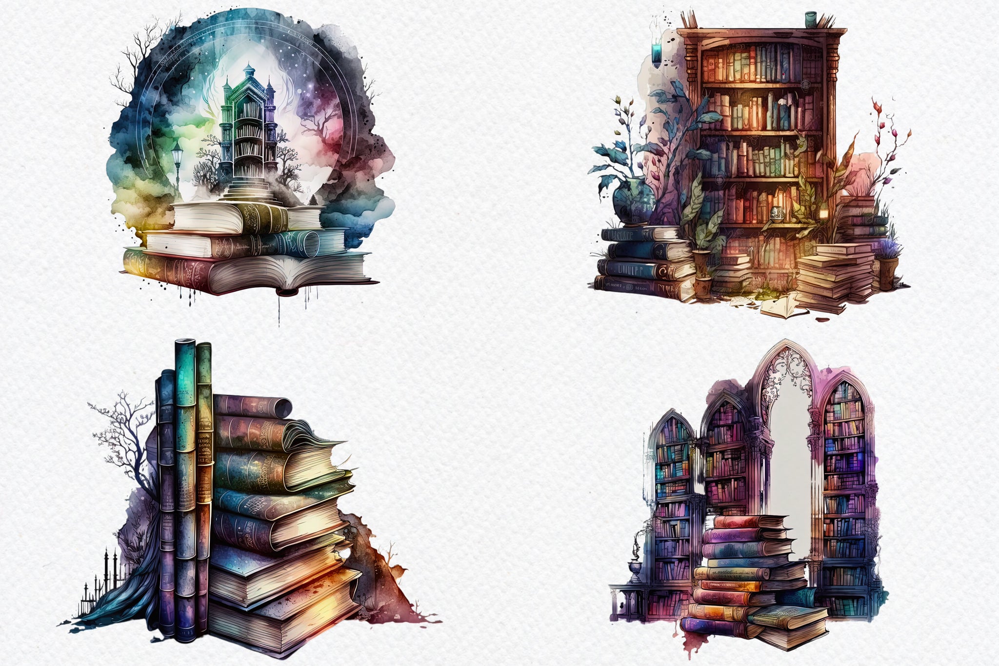 Watercolor Mystical Library Bundle Clipart PNG, Magic Books, Bookshelf, Bookcase, Reading Clipart, Commercial Use - Digital Download