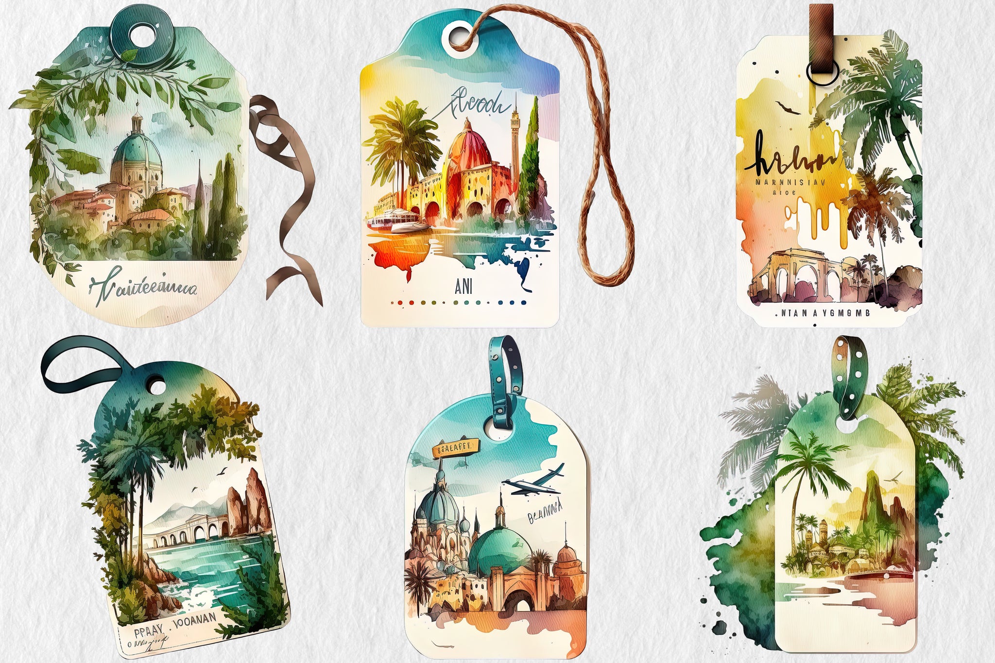 Watercolor Travel Clipart, Passport, Suitcase, World map, Beach, Camera, Car, Postcard PNG