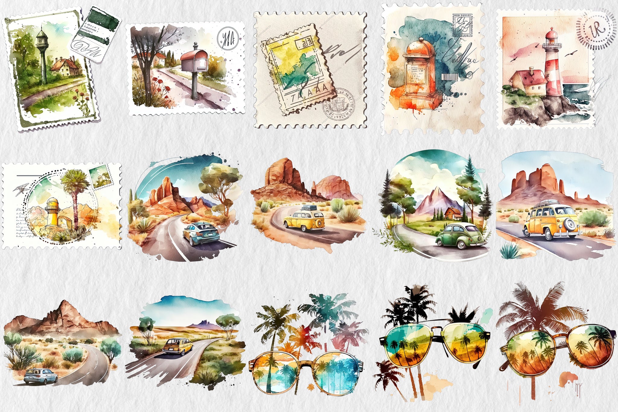 Watercolor Travel Clipart, Passport, Suitcase, World map, Beach, Camera, Car, Postcard PNG