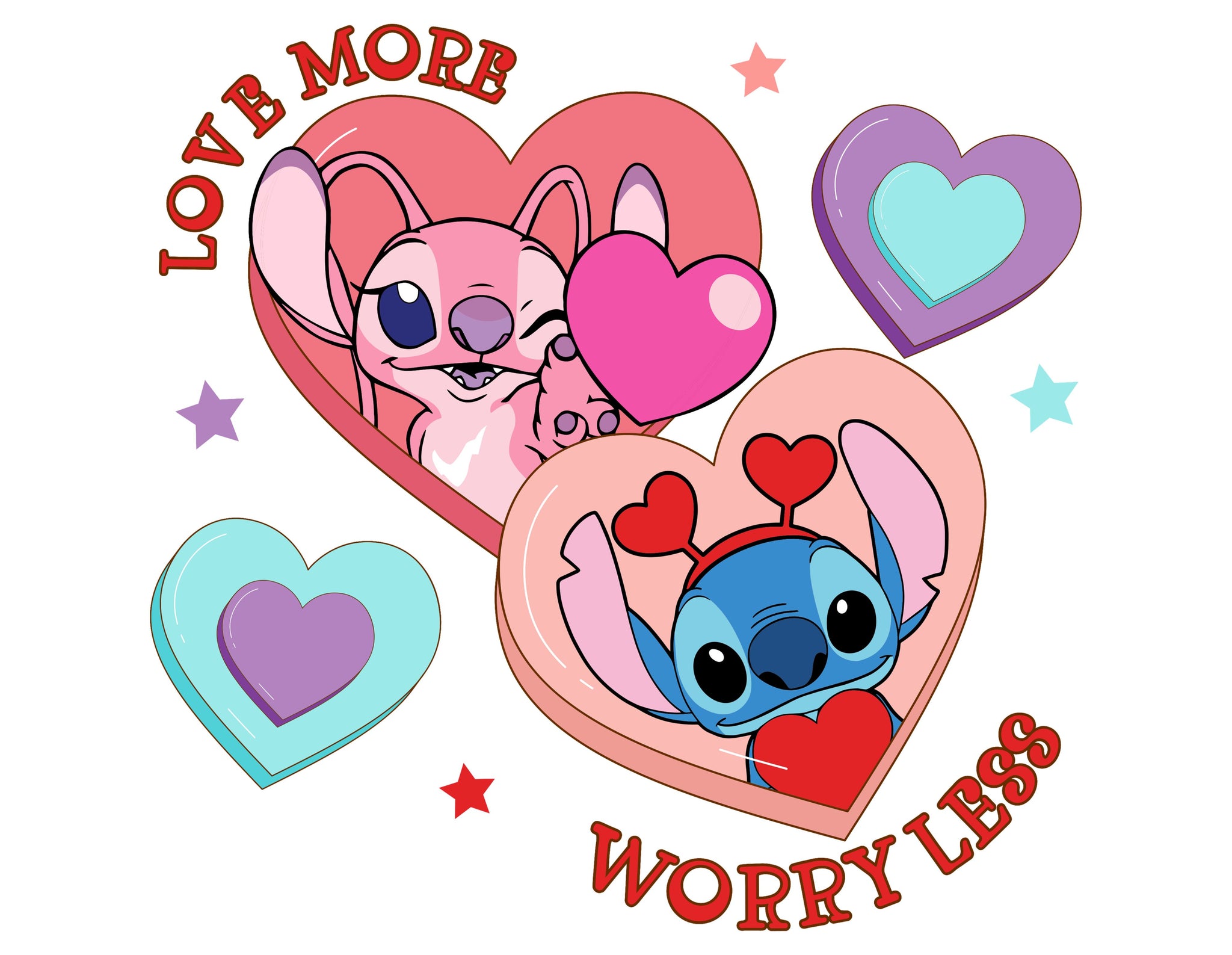 Love More Worry Less Stitch And Angel Valentine's Day PNG