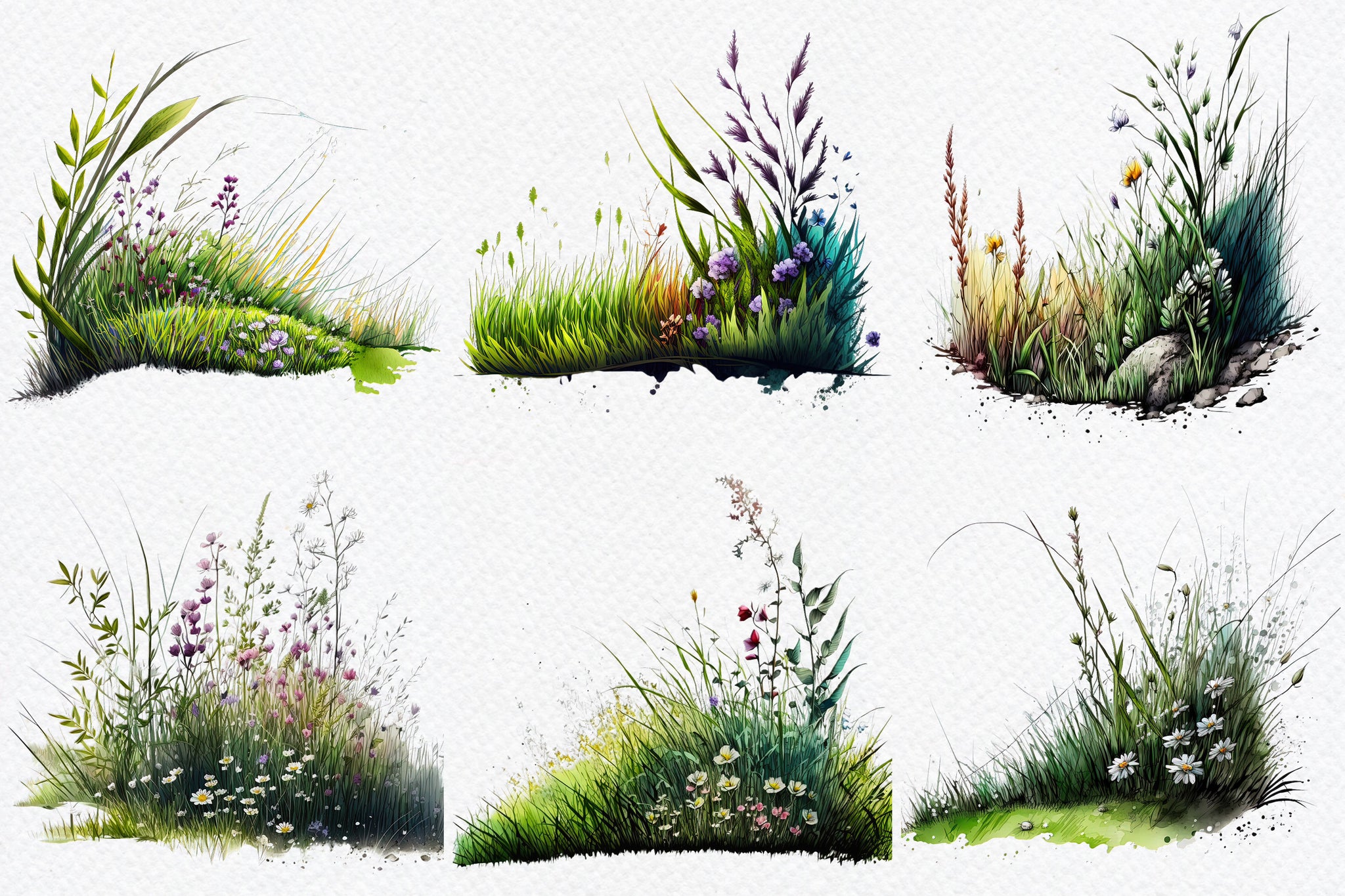 Grass clipart. Spring clipart. Floral clipart, Field, garden, blooming, PNG. summer, flowers. Digital watercolor. Free commercial use.