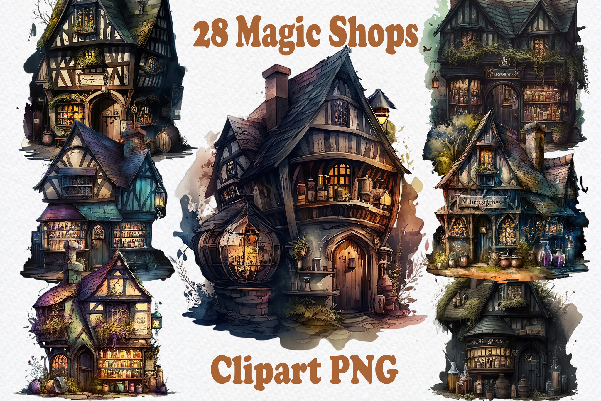 Magic Shop Clipart Bundle, magic store , watercolour shop illustration, cute store, cozy ,trend png, commercial use, scrapbooking