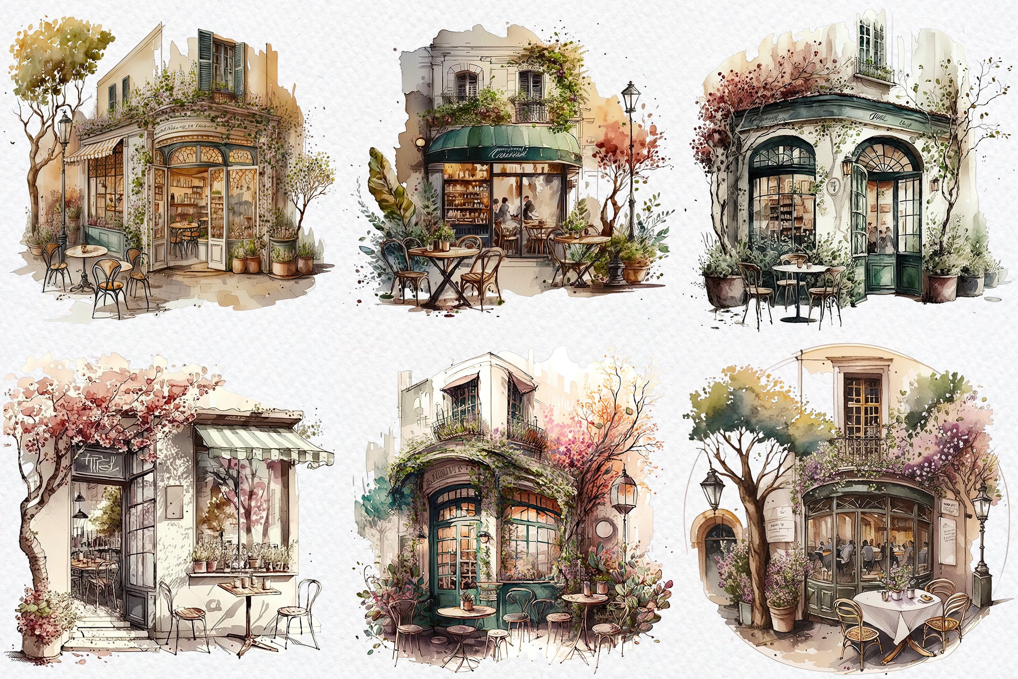 Spring Coffee shop clipart, cafe clip art, png. Digital watercolor. Free commercial use, scrapbooking. Romantic french cafe illustration.