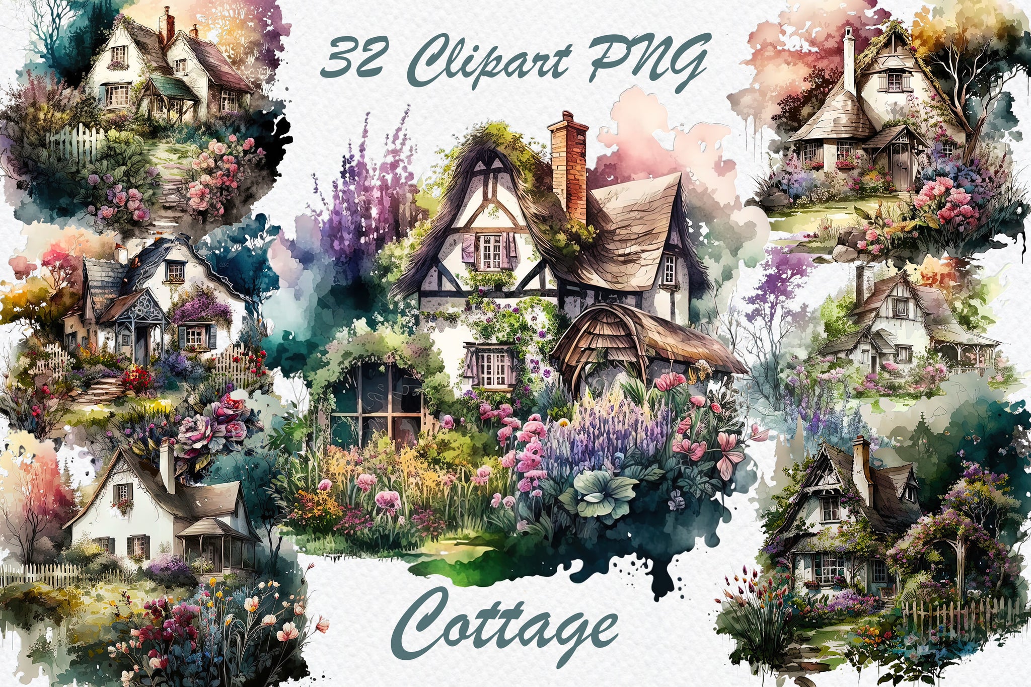 Watercolor Cottage Clipart PNG