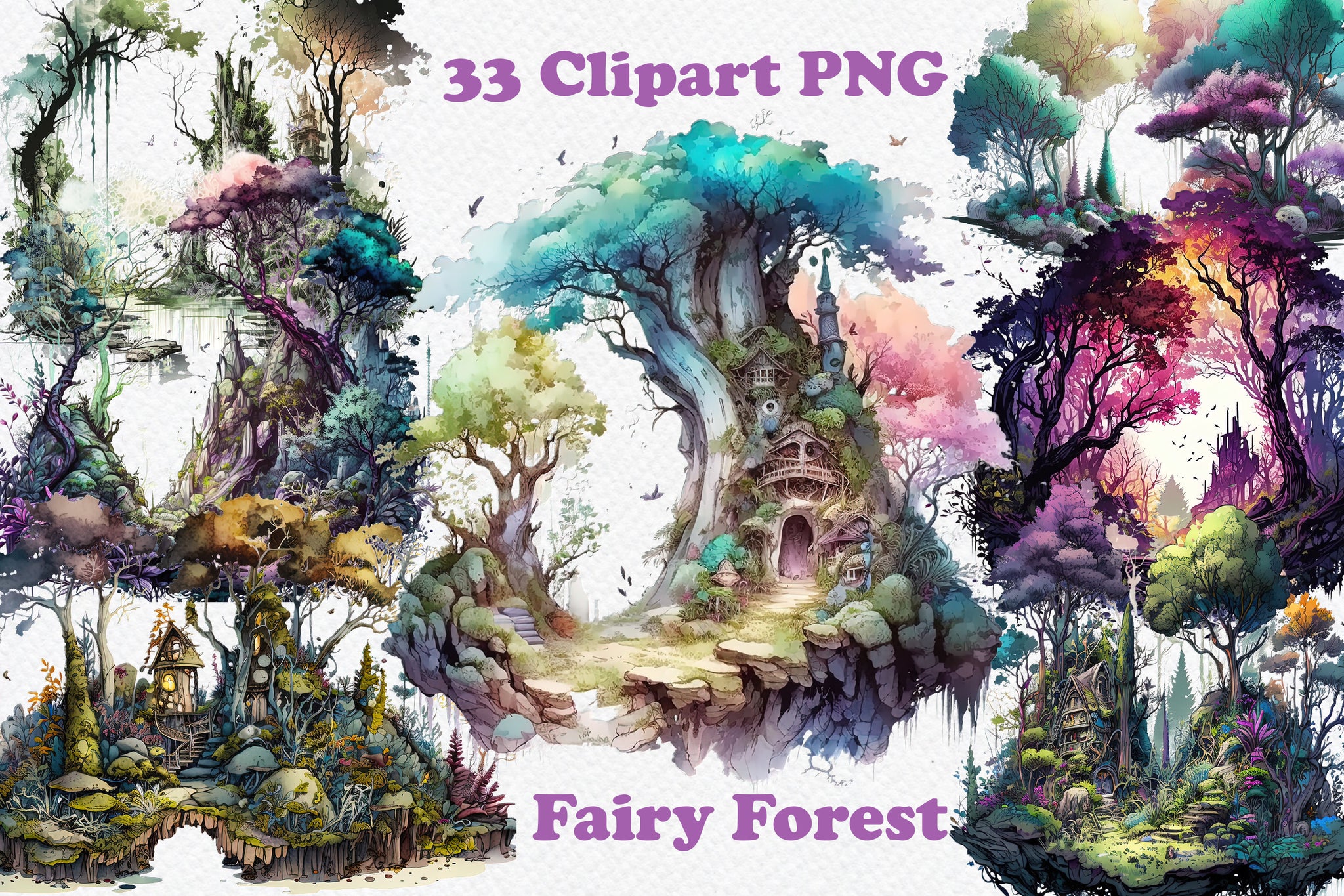 Fairy forest clipart, png. Digital watercolor. Free commercial use. Summer, magical forest, magic landscape, elf. Wonderland, fairyland.