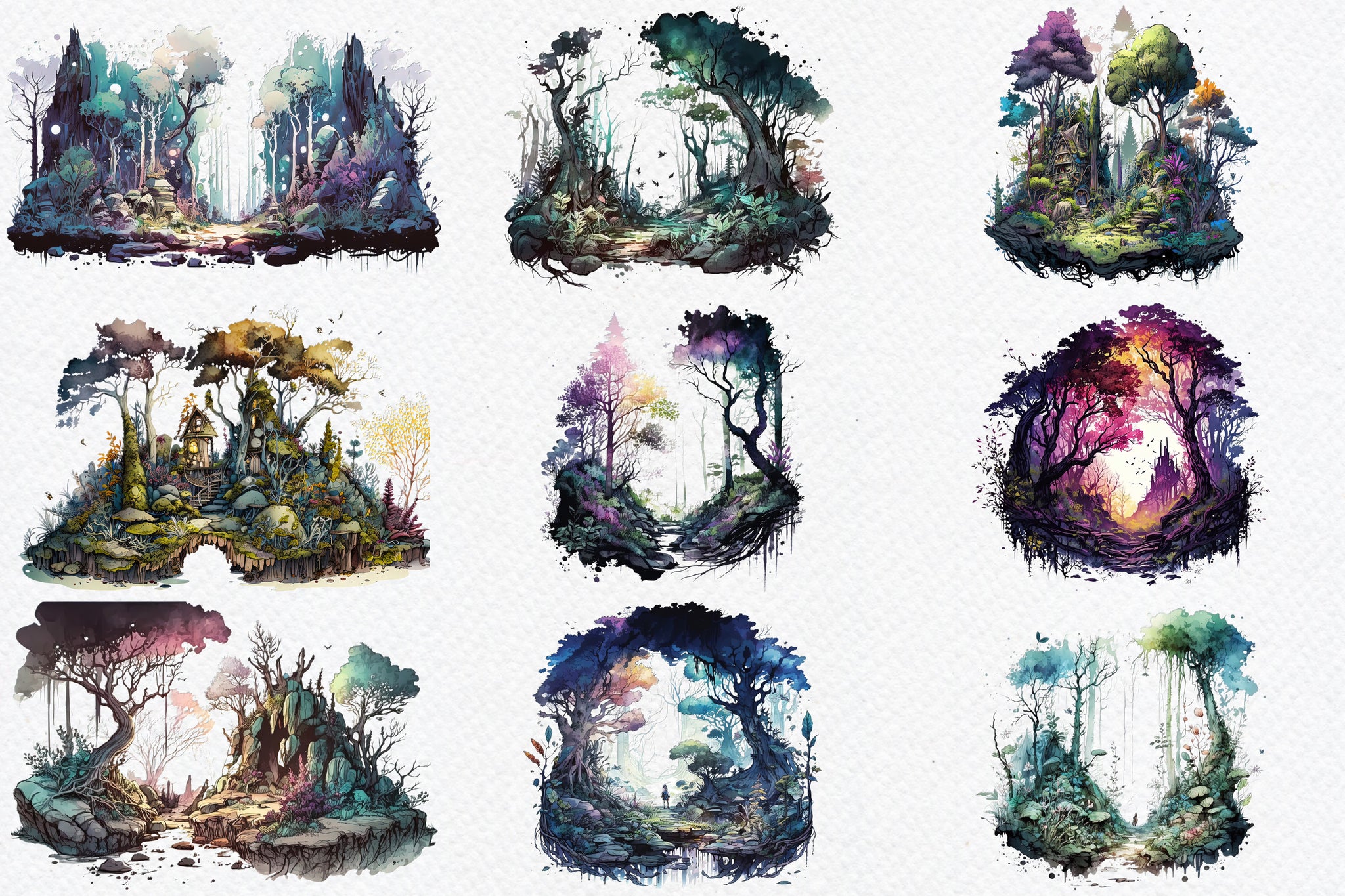 Fairy forest clipart, png. Digital watercolor. Free commercial use. Summer, magical forest, magic landscape, elf. Wonderland, fairyland.