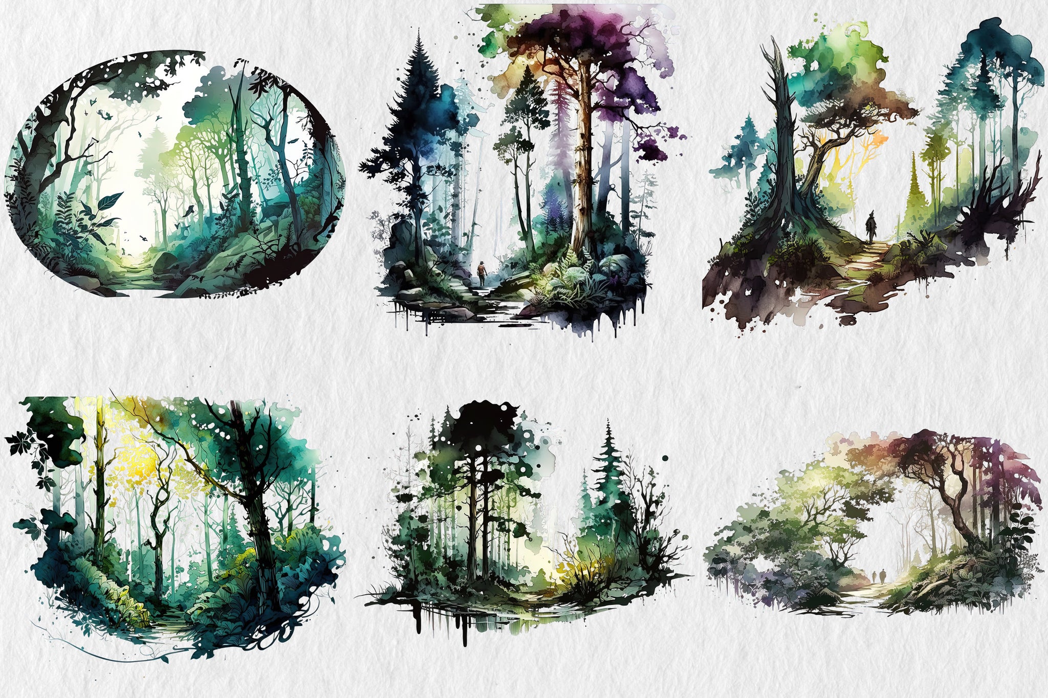 Forest clipart, wood clip art, png. Digital watercolor. Free commercial use. Summer misty forest landscape. Trees Greenery Foggy Backgrounds
