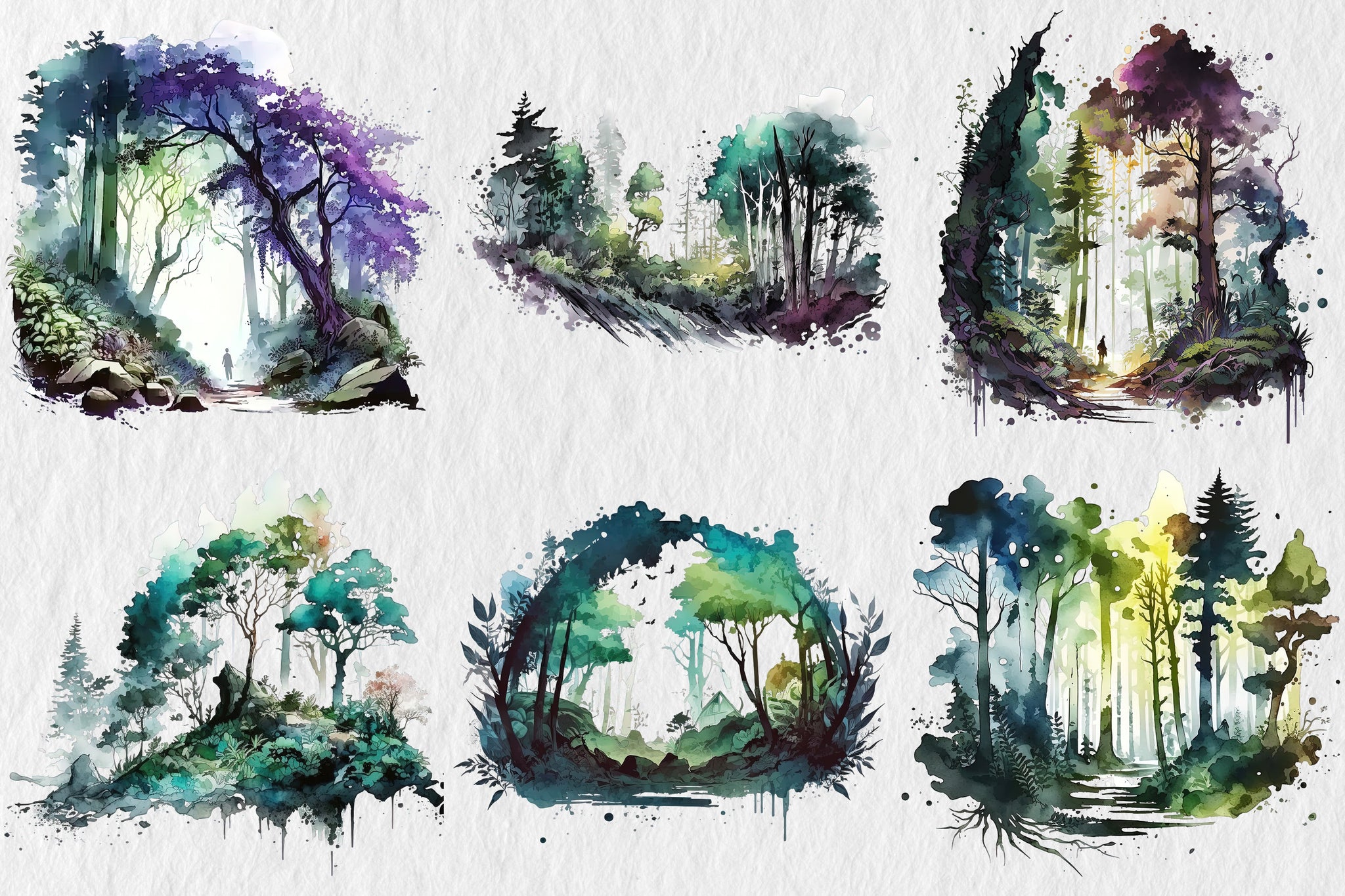 Forest clipart, wood clip art, png. Digital watercolor. Free commercial use. Summer misty forest landscape. Trees Greenery Foggy Backgrounds