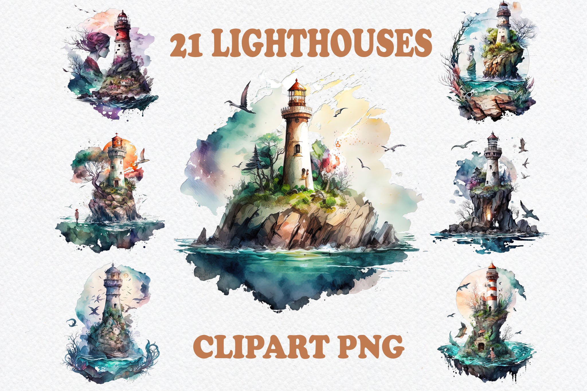 Watercolour Lighthouses clipart bundle, vintage lighthouses, sea, ocean, Mermaid, mystery, sailing