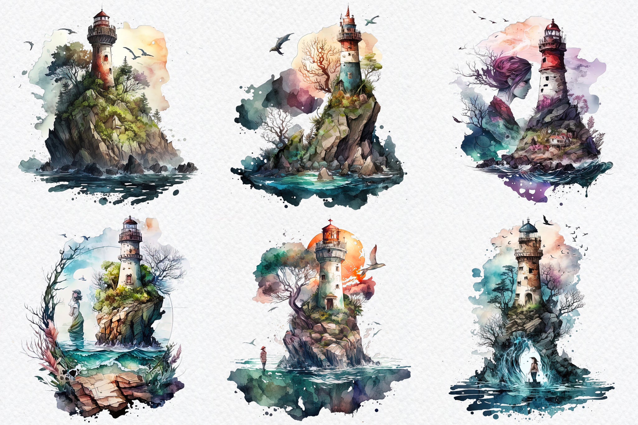 Watercolour Lighthouses clipart bundle, vintage lighthouses, sea, ocean, Mermaid, mystery, sailing