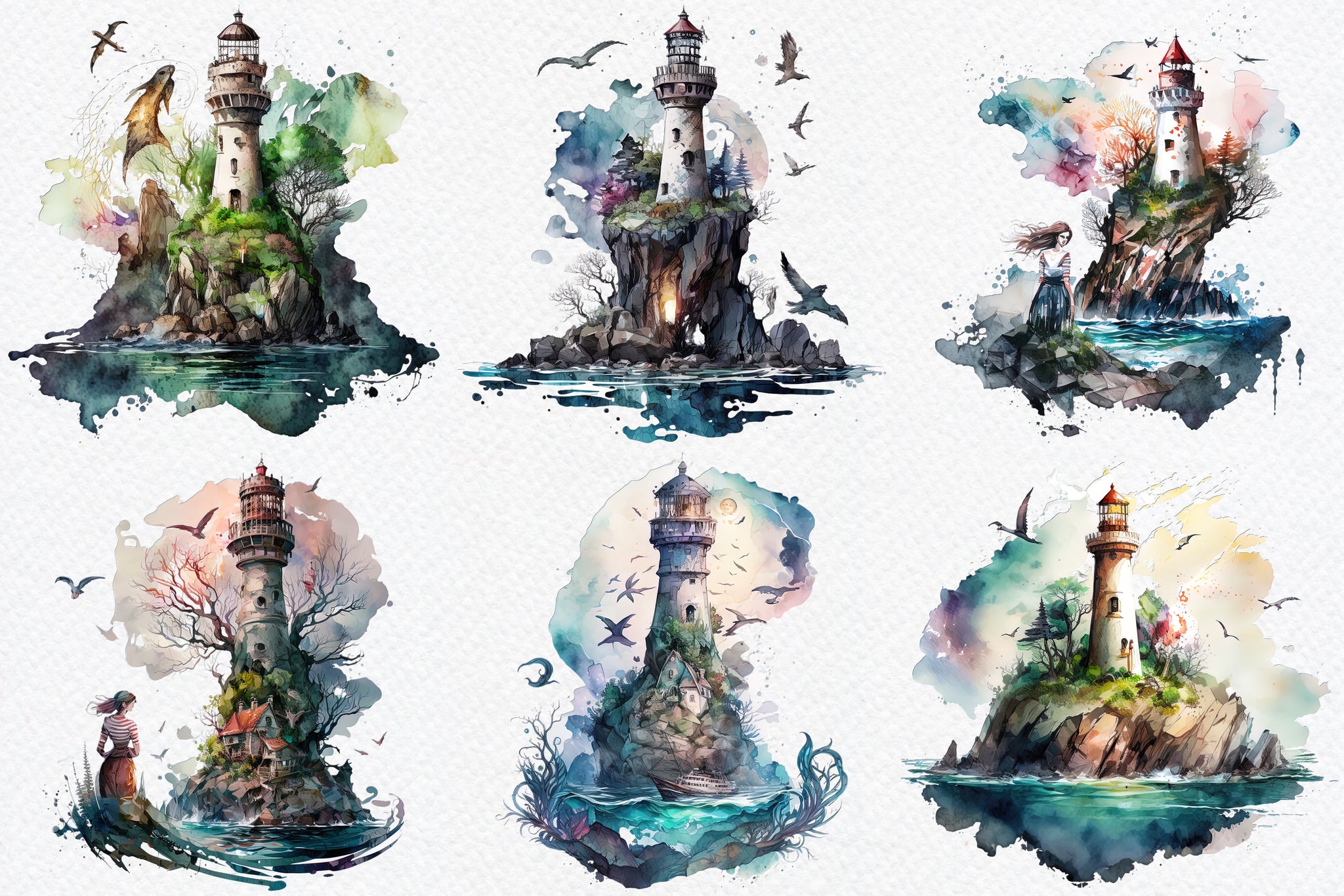 Watercolour Lighthouses clipart bundle, vintage lighthouses, sea, ocean, Mermaid, mystery, sailing