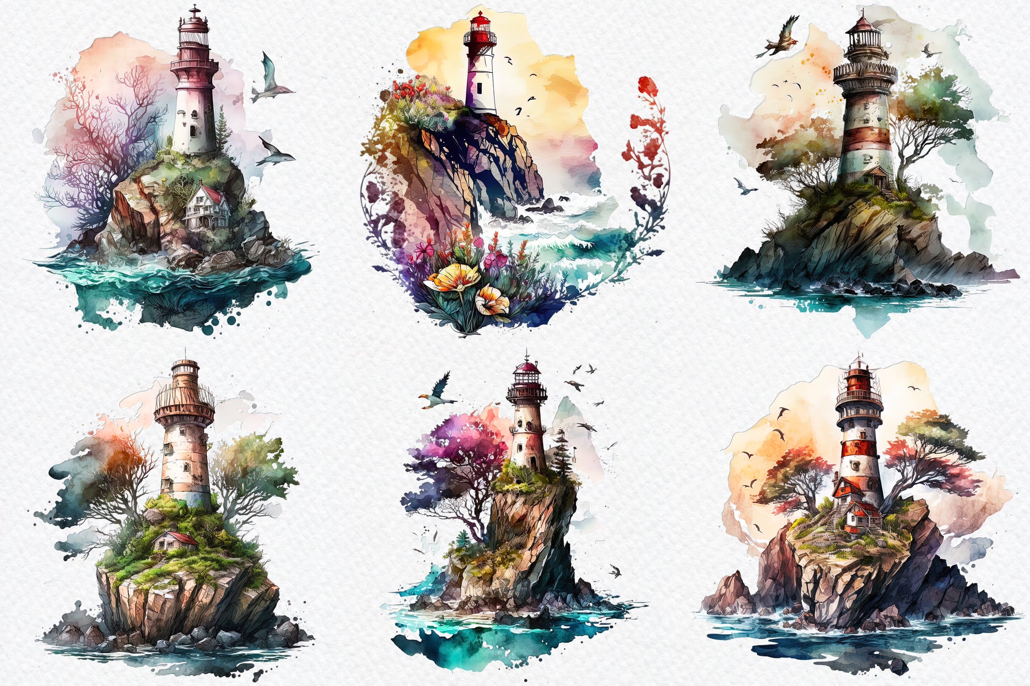 Watercolour Lighthouses clipart bundle, vintage lighthouses, sea, ocean, Mermaid, mystery, sailing