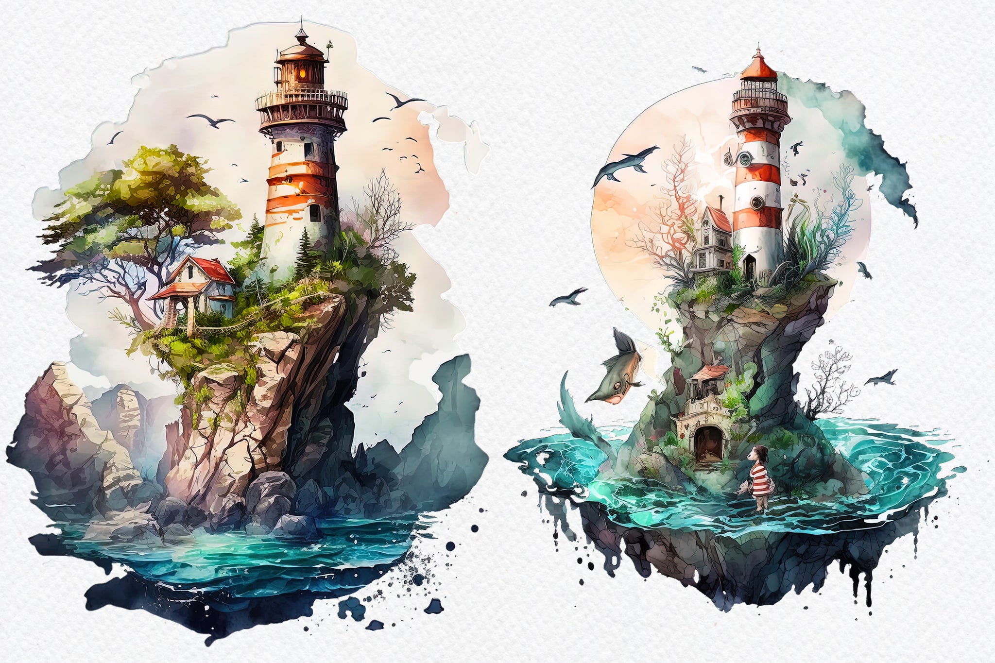 Watercolour Lighthouses clipart bundle, vintage lighthouses, sea, ocean, Mermaid, mystery, sailing