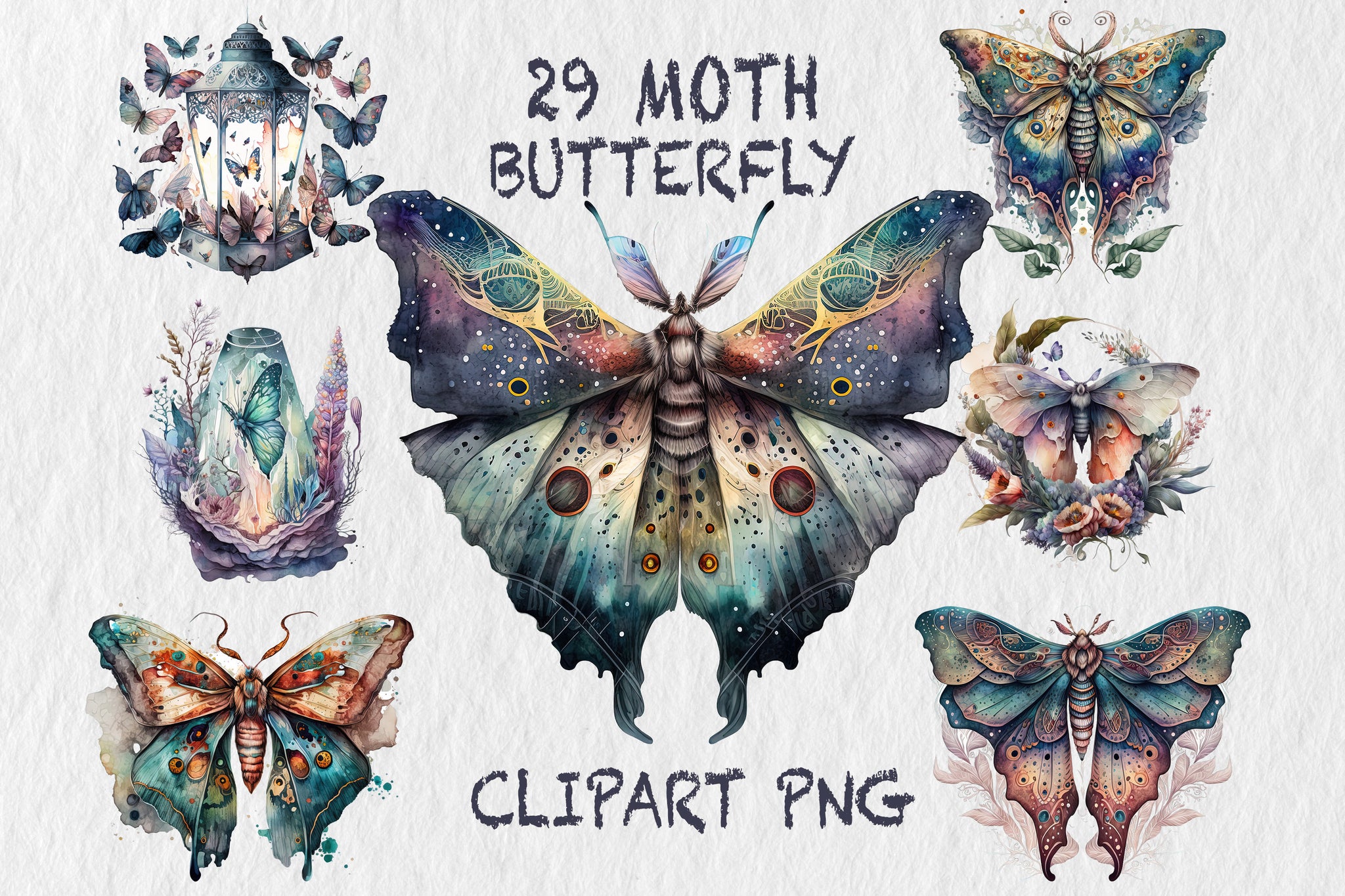 Watercolour Mystical Moth clipart bundle, Wiccan png, moth png, mystical clipart, witchcraft png clipart, pagan clipart, butterfly bundle