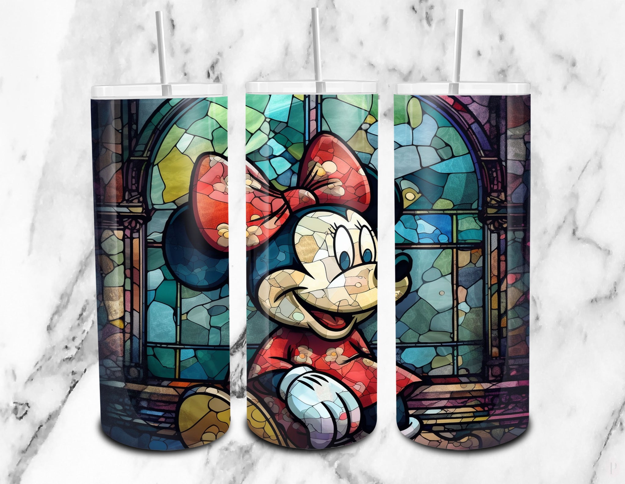 Cute Minnie Mouse Figure In A Stained Glass Frame - Cartoon 20oz Skinny Tumbler Wrap PNG - Sublimation - Instant Download