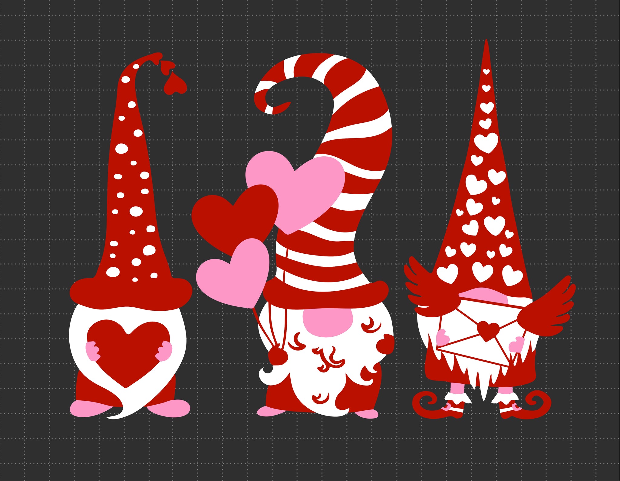 Three Gnomes Holding Hearts Valentines SVG - Instant Download